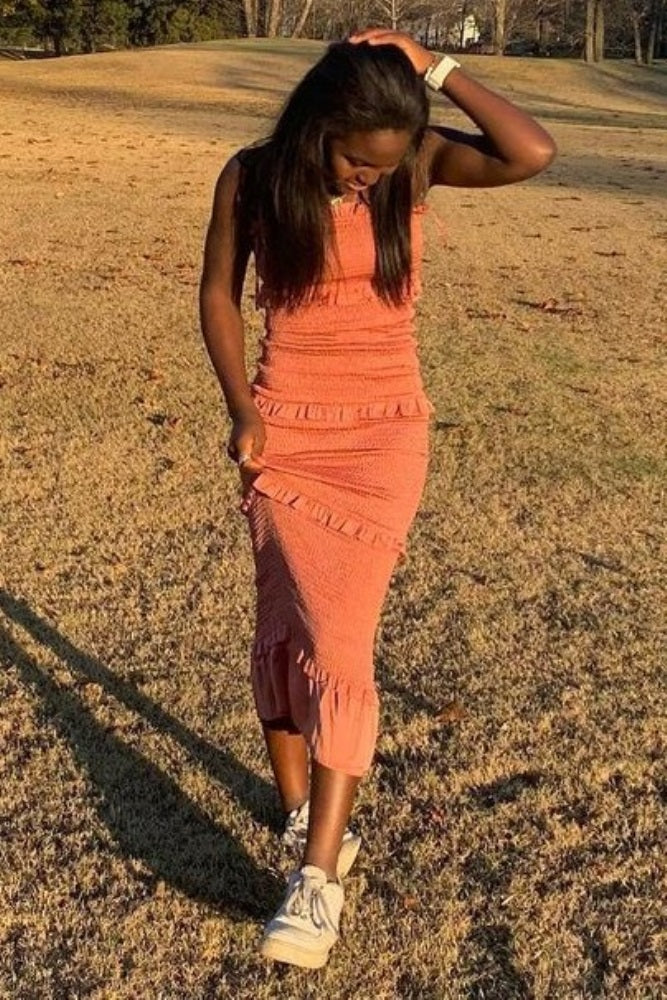 Mauve Satin Smocked Fitted Midi Dress