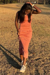 Mauve Satin Smocked Fitted Midi Dress