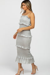 Sage Satin Smocked Fitted Midi Dress