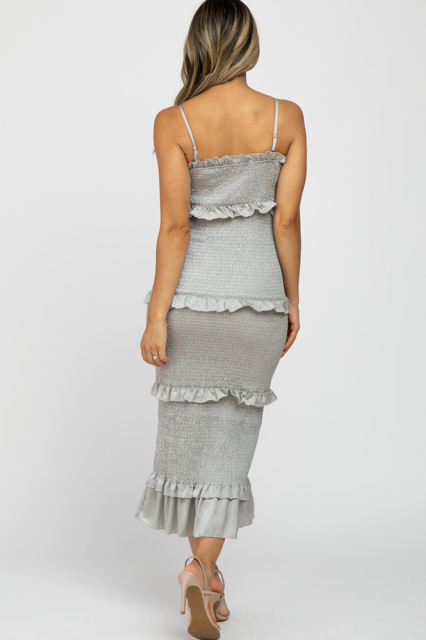 Sage Satin Smocked Fitted Midi Dress