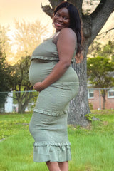 Olive Satin Smocked Fitted Maternity Midi Dress