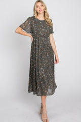 Teal Floral Pleated Chiffon Midi Dress