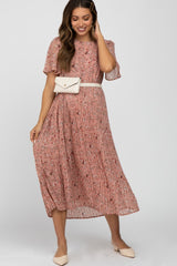Light Pink Floral Pleated Short Sleeve Chiffon Maternity Midi Dress