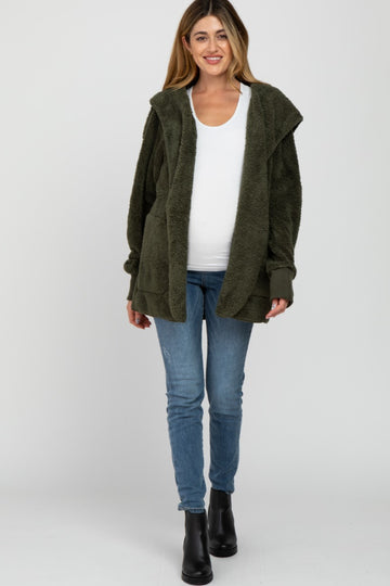 Olive Fuzzy Hooded Long Sleeve Maternity Jacket