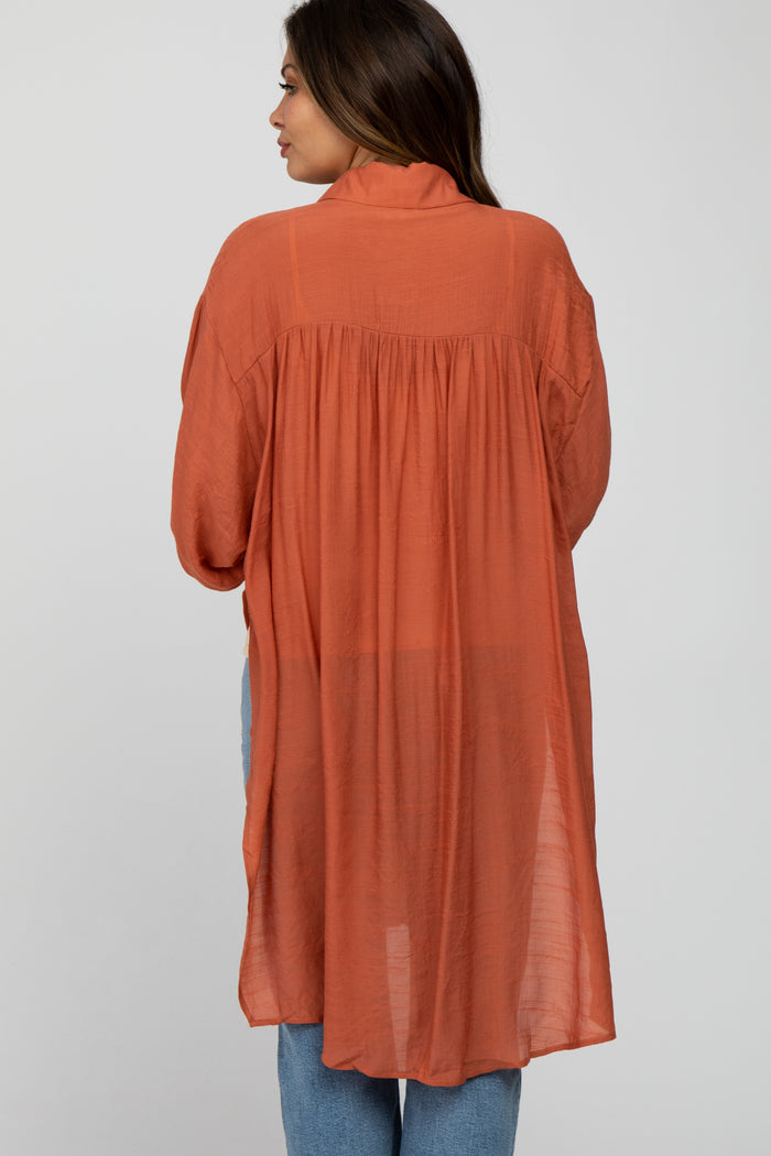 Rust Button Front Side Slit Oversized Maternity Blouse