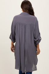 Charcoal Button Front Side Slit Oversized Maternity Blouse