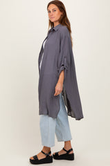 Charcoal Button Front Side Slit Oversized Blouse
