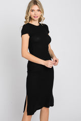 Black Brushed Ribbed Midi Dress