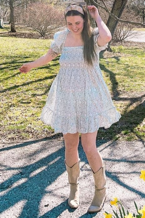 Light Olive Floral Square Neck Smocked Ruffle Hem Dress