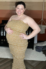 Mustard Leaf Print Smocked Fitted Maternity Midi Dress