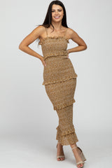 Mustard Leaf Print Smocked Fitted Maternity Midi Dress