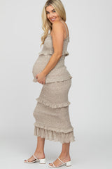 Taupe Leaf Print Smocked Fitted Maternity Midi Dress