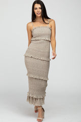 Taupe Leaf Print Smocked Fitted Maternity Midi Dress