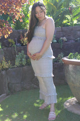 Taupe Leaf Print Smocked Fitted Maternity Midi Dress