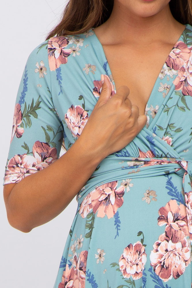 Mint Green Floral Waist Tie Maternity Dress