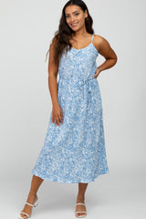 Blue Floral Pleated Maternity Midi Dress