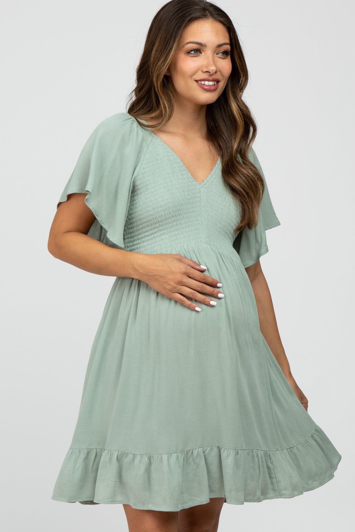 Mint Green Smocked Front Ruffle Hem Maternity Dress