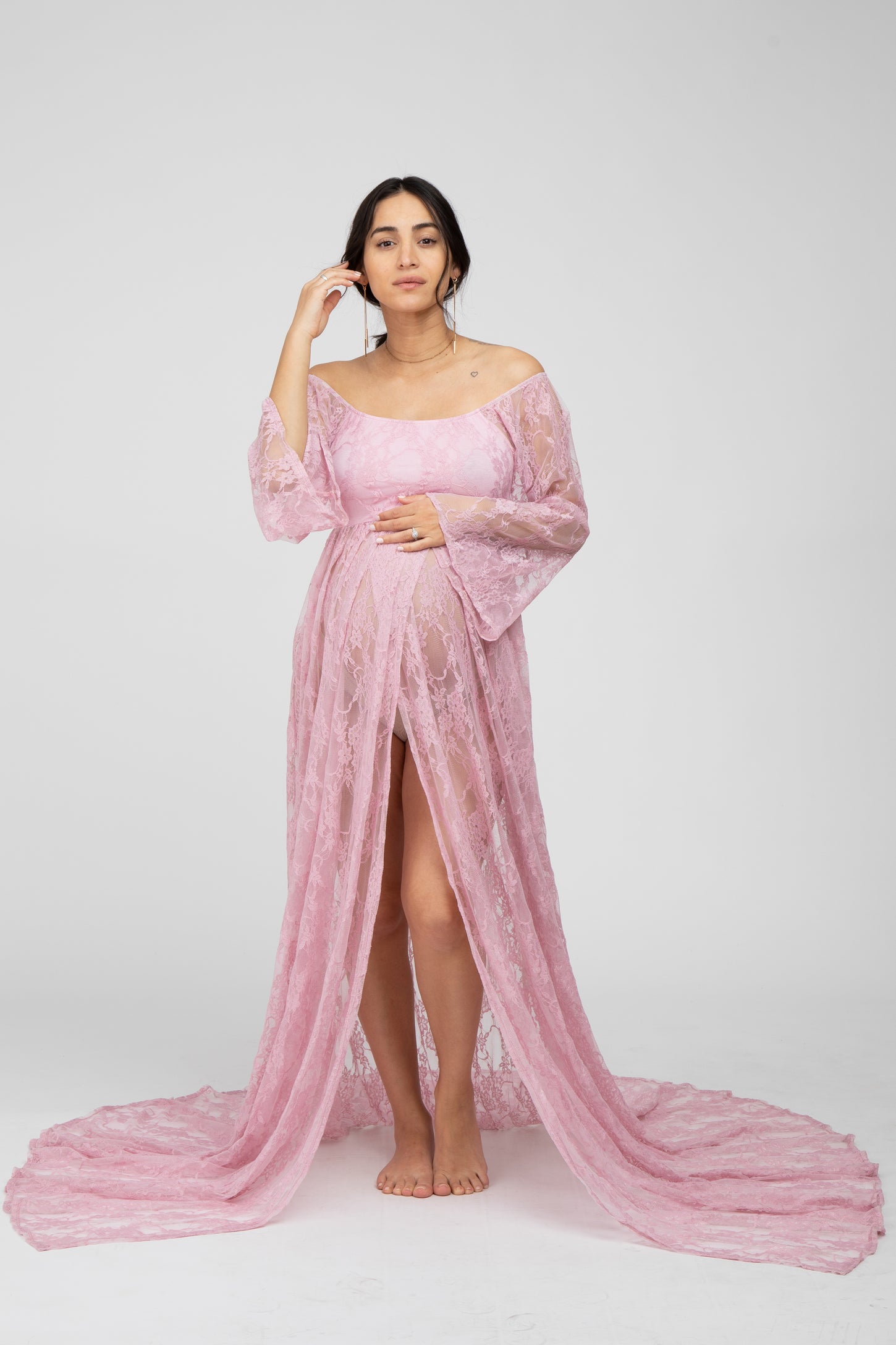 pink lace maternity dress for photoshoot Pink Lace Maternity Dress