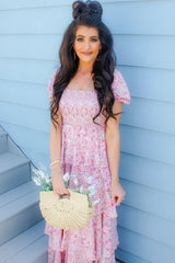 Pink Floral Square Neck Ruffle Layered Maxi Dress