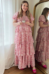 Pink Floral Square Neck Ruffle Layered Maternity Maxi Dress