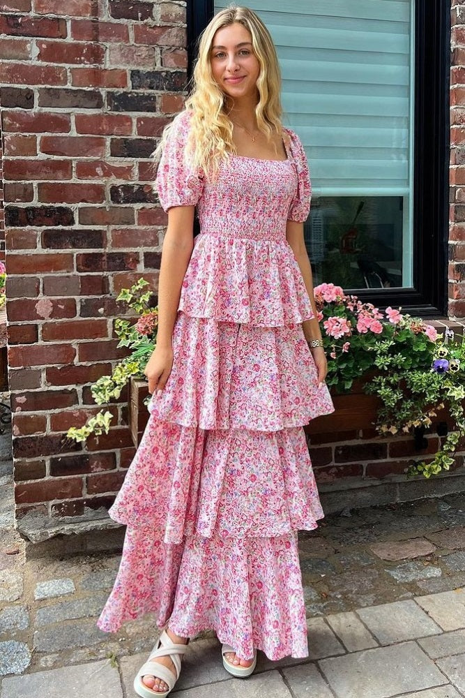 Pink Floral Square Neck Ruffle Layered Maxi Dress