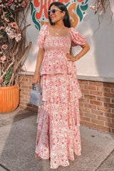 Pink Floral Square Neck Ruffle Layered Maxi Dress