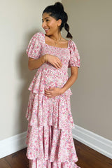 Pink Floral Square Neck Ruffle Layered Maternity Maxi Dress