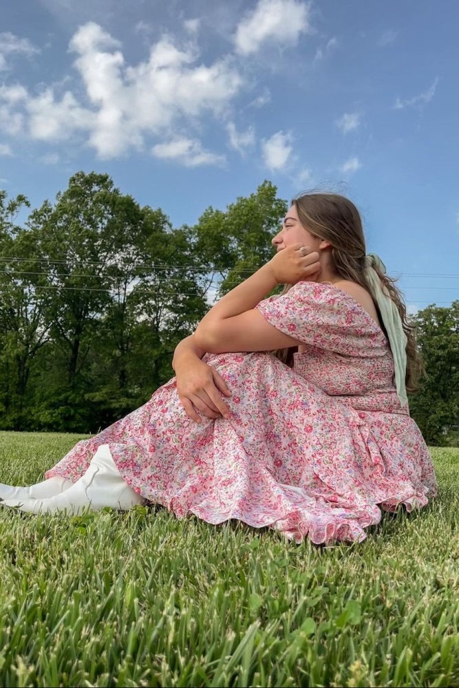 Pink Floral Square Neck Ruffle Layered Maxi Dress