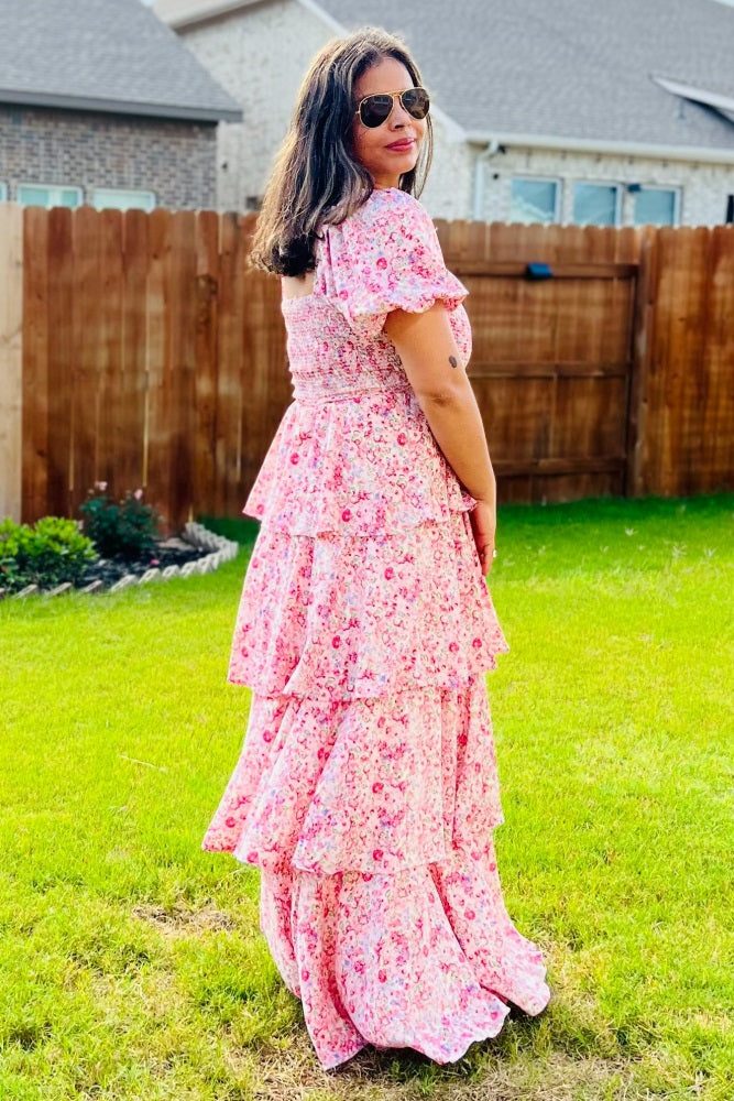 Pink Floral Square Neck Ruffle Layered Maxi Dress
