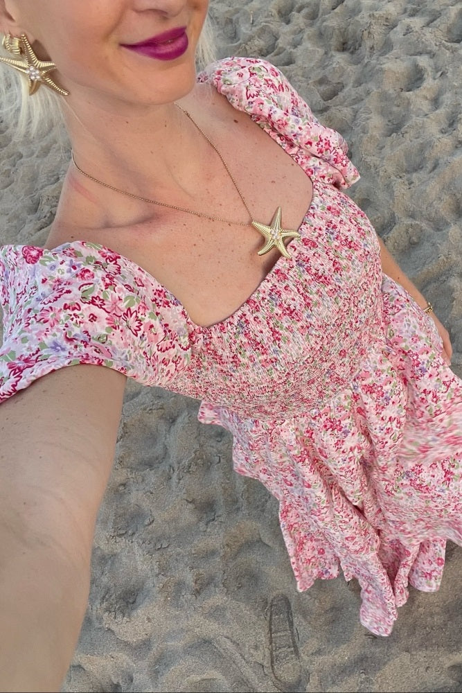 Pink Floral Square Neck Ruffle Layered Maxi Dress