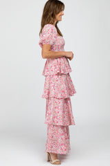 Pink Floral Square Neck Ruffle Layered Maxi Dress