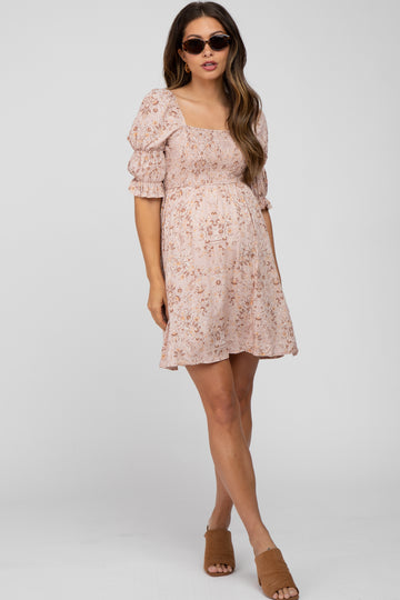 Pink Floral Smocked Square Neck Puff Sleeve Maternity Dress