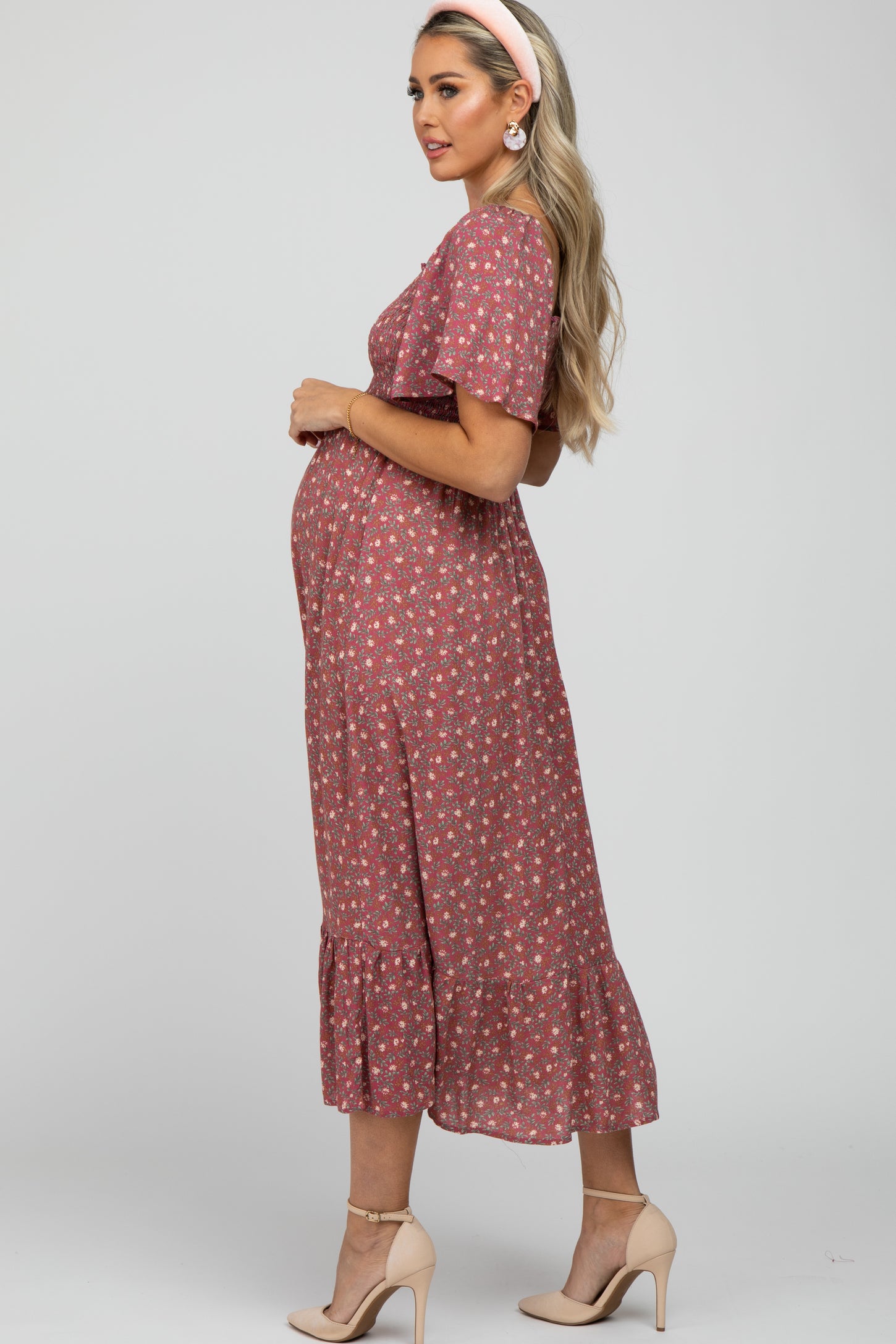 Mauve Floral Smocked Square Neck Maternity Midi Dress