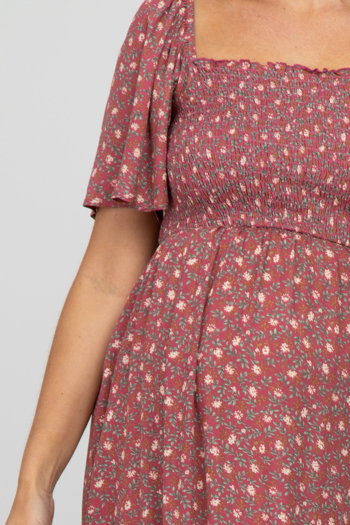 Mauve Floral Smocked Square Neck Maternity Midi Dress