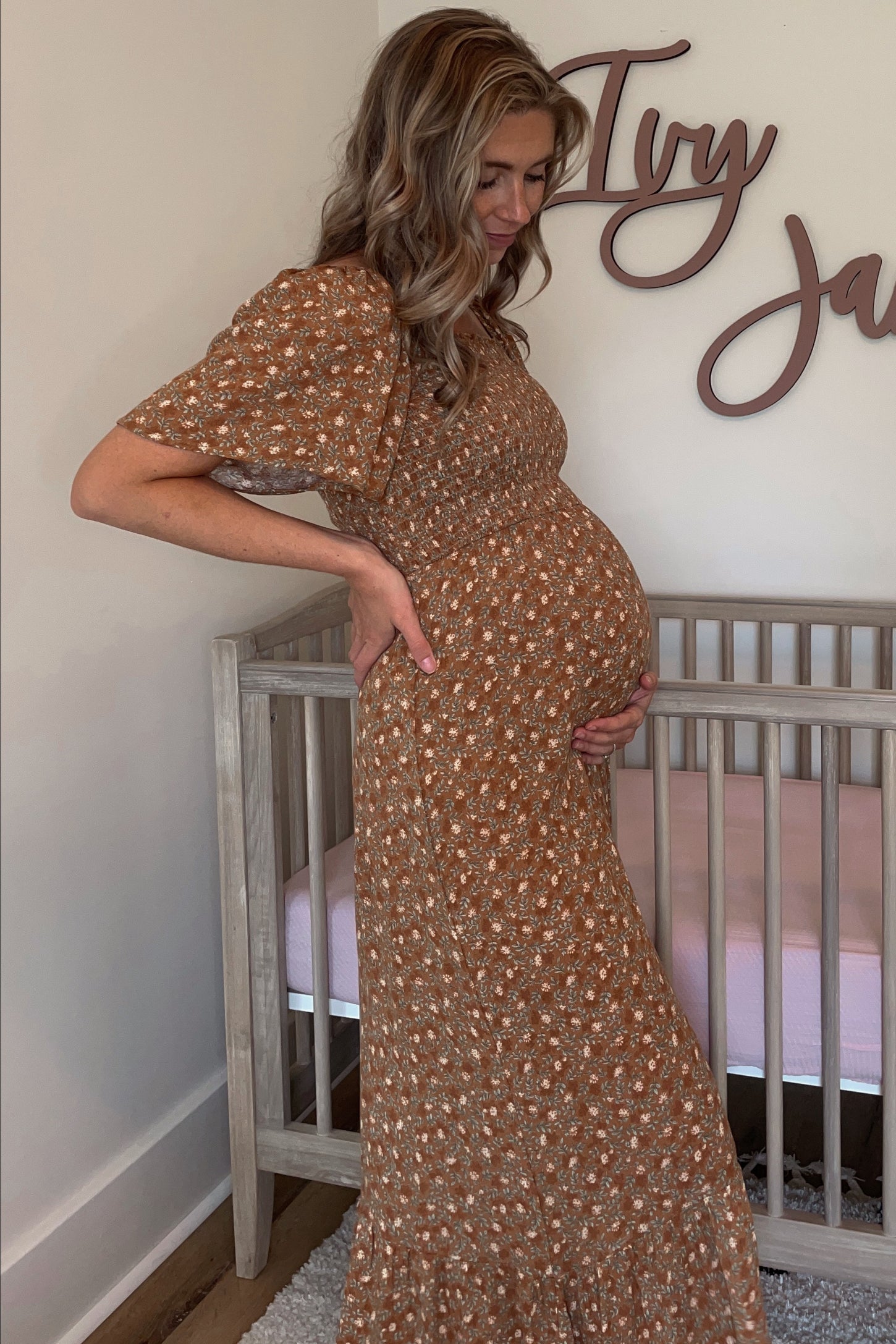 Camel Floral Smocked Square Neck Maternity Midi Dress