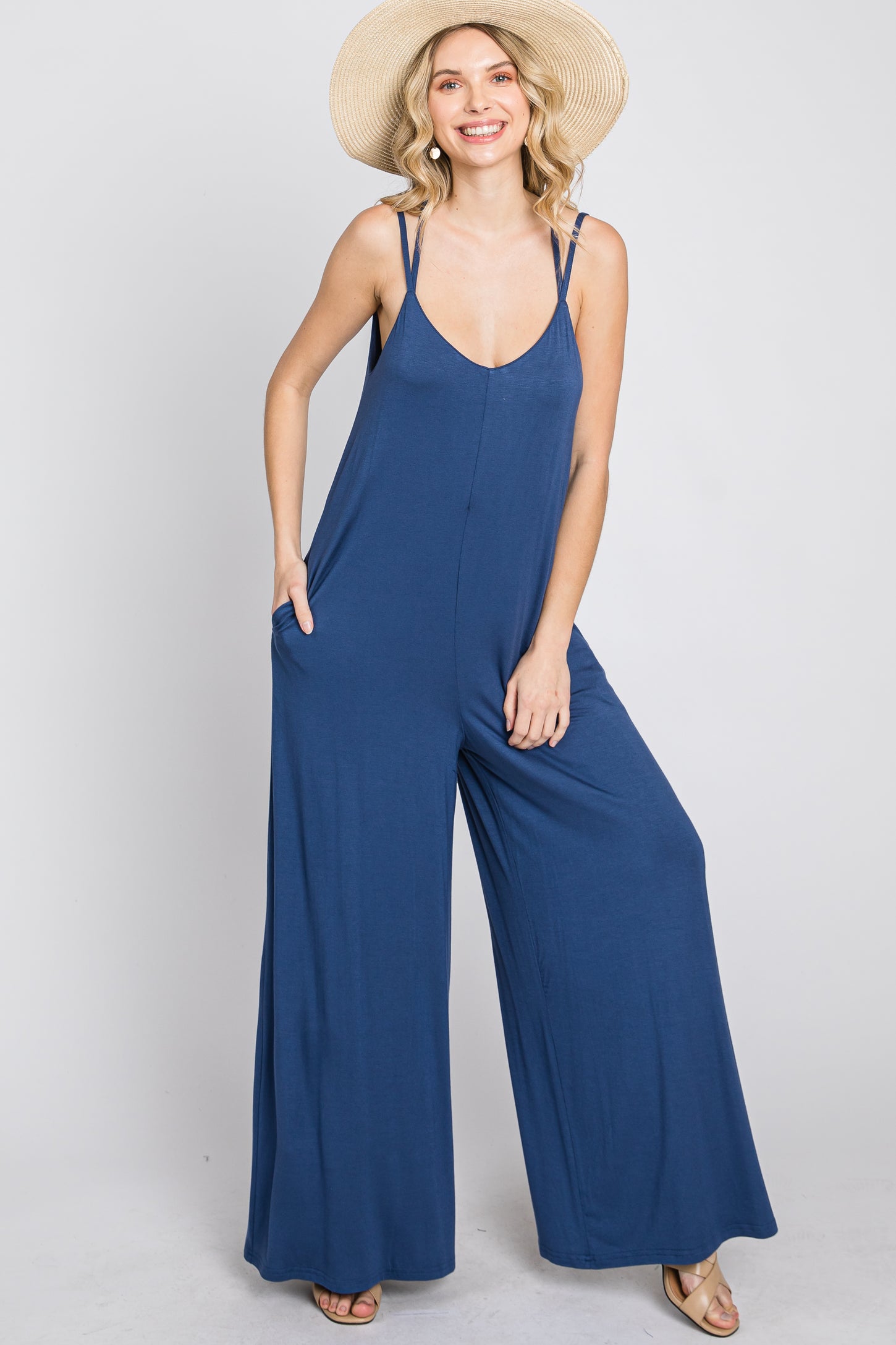Blue Cross Back Wide Leg Jumpsuit