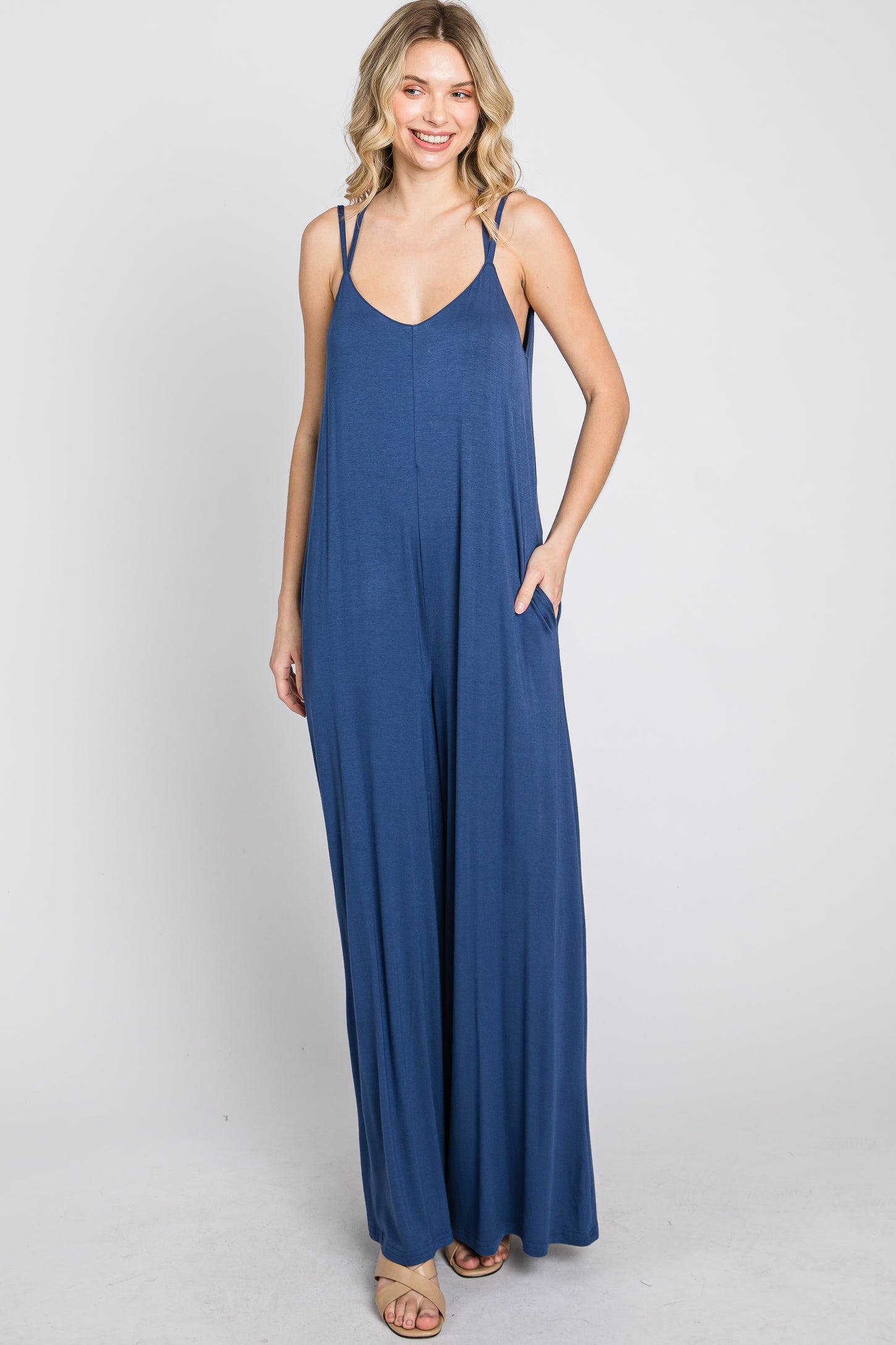Blue Cross Back Wide Leg Jumpsuit