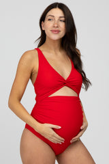 Red Ruched Sides Front Cutout Maternity One Piece Swimsuit