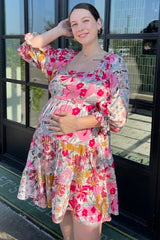 Pink Floral 3/4 Sleeve Tiered Maternity Dress
