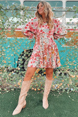 Pink Floral 3/4 Sleeve Tiered Dress