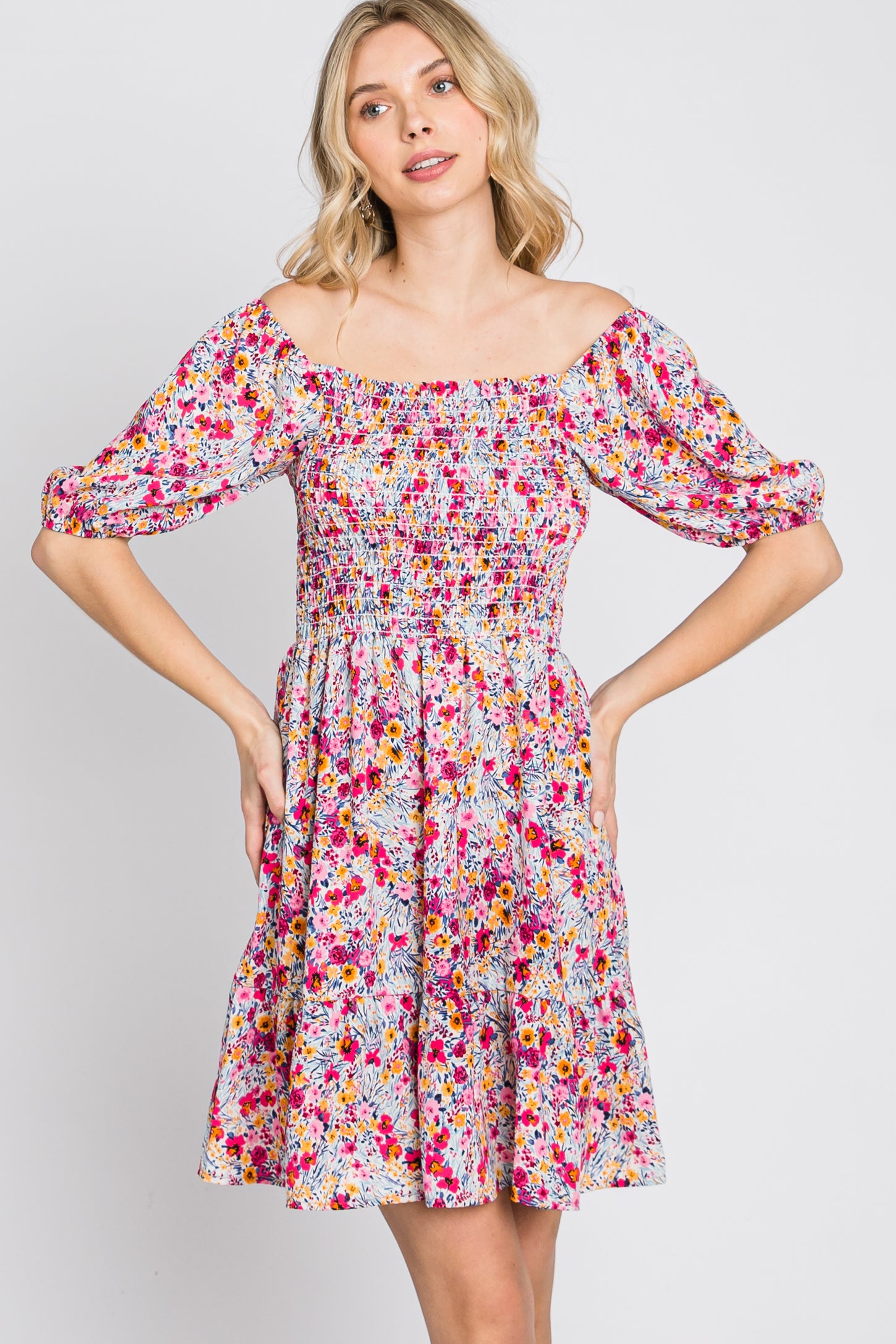 Fuchsia Floral Smocked Mini Dress