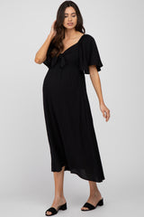 Black Front Tie Ruffle Sleeve Maternity Midi Dress