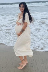 Beige Front Tie Ruffle Sleeve Maternity Midi Dress