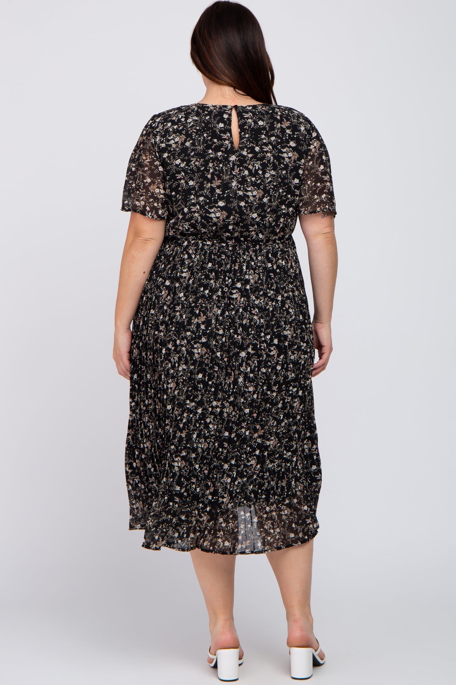 Black Floral Pleated Chiffon Plus Midi Dress