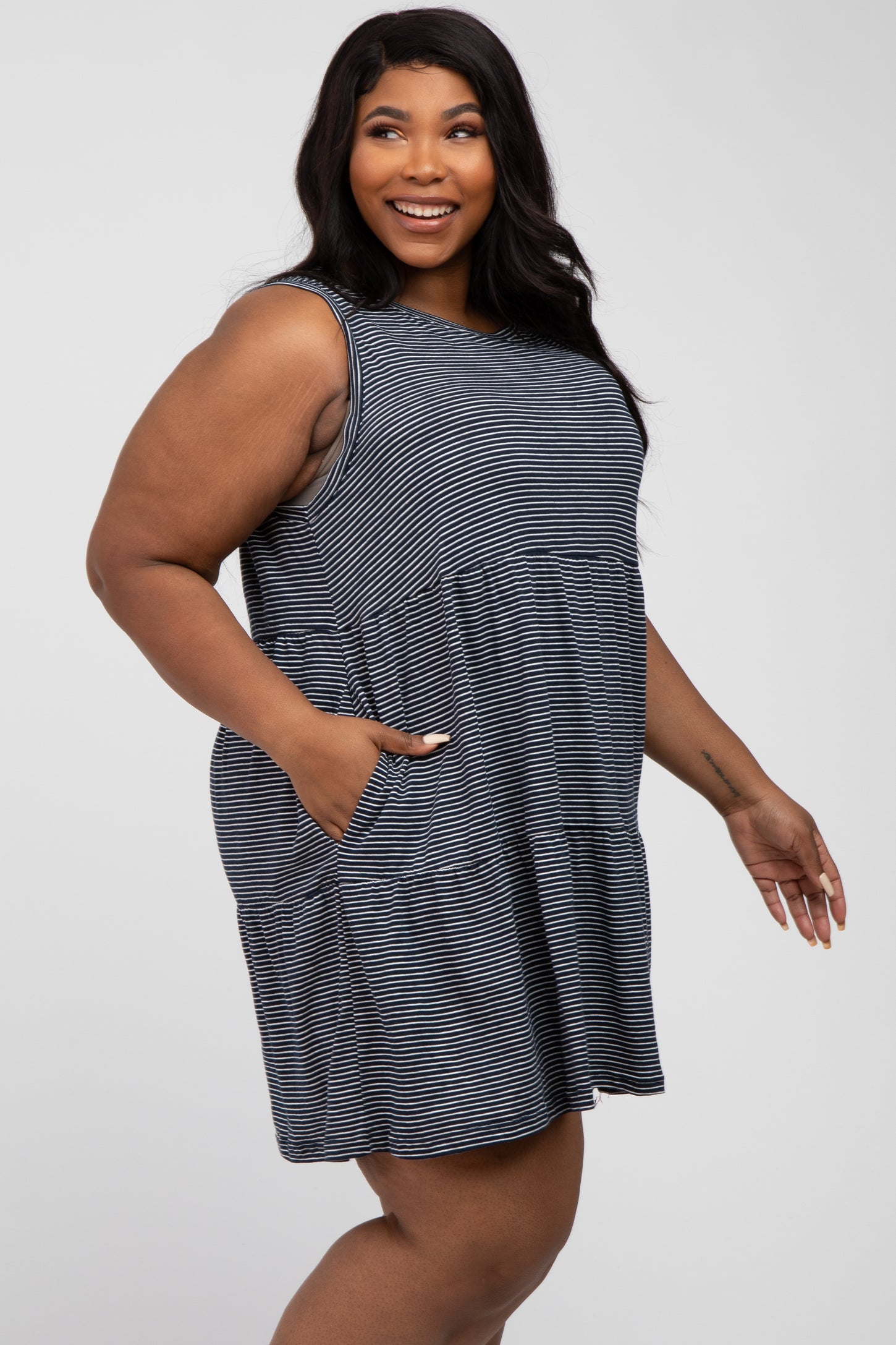 Navy Blue Striped Sleeveless Tiered Plus Dress