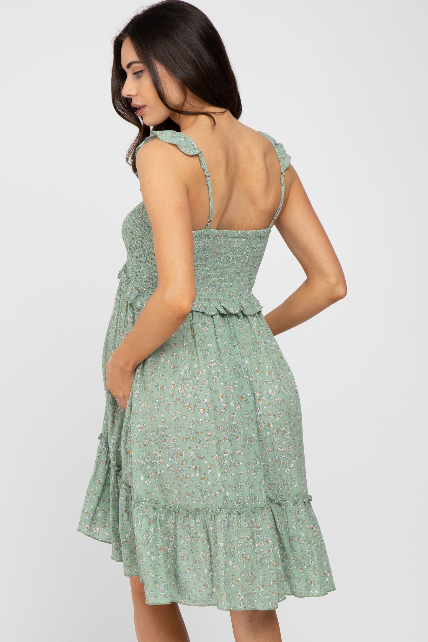 Light Olive Floral Ruffle Accent Smocked Maternity Dress