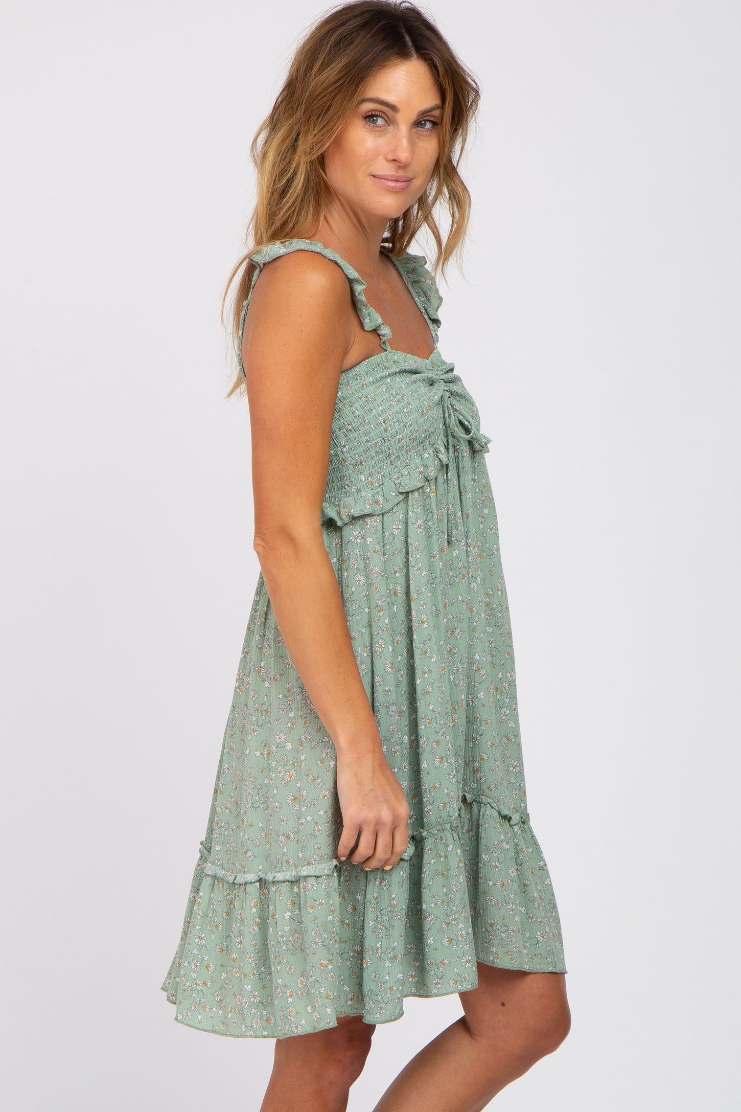 Light Olive Floral Ruffle Accent Smocked Dress
