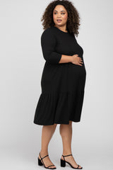 Black Tiered Ribbed 3/4 Sleeve Plus Maternity Midi Dress