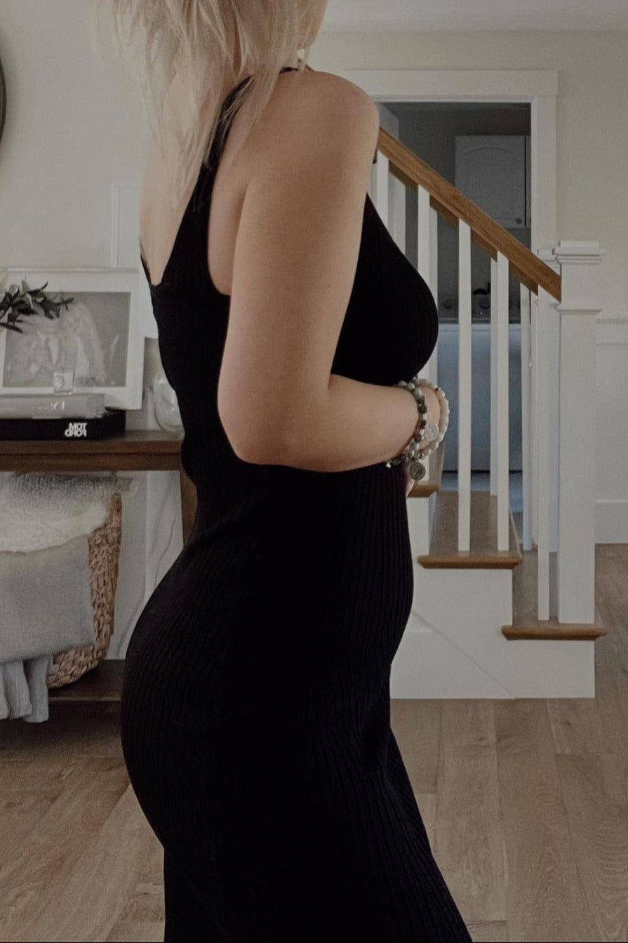 Black Ribbed Sleeveless Knit Midi Dress