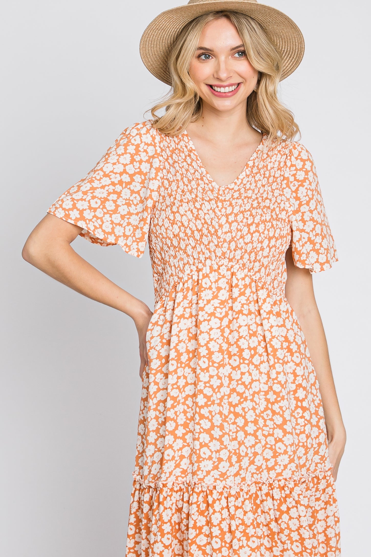 Peach Floral Tiered Midi Dress